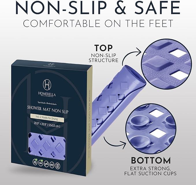 homerella® Shower Mat Non Slip Anti Mold, Non Slip Shower Mats for Inside Shower Stall Anti Slip Mat, Square Shower Floor Mat 21 x 21 in with Suction Cups & Hooks for Quick Drying, Machine Washable