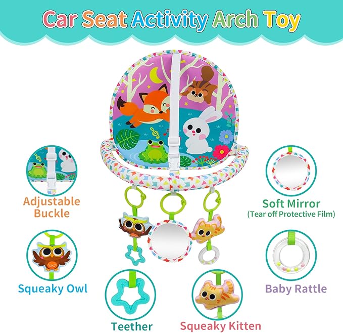 OKOOKO Car Seat Toy Rear Facing Car Seat Toy Baby Travel Toy Double-Sided with Baby Mirror Plush Toys Rattle Teether Thickened Pad Adjustable Sensory Toy for Newborn Infant