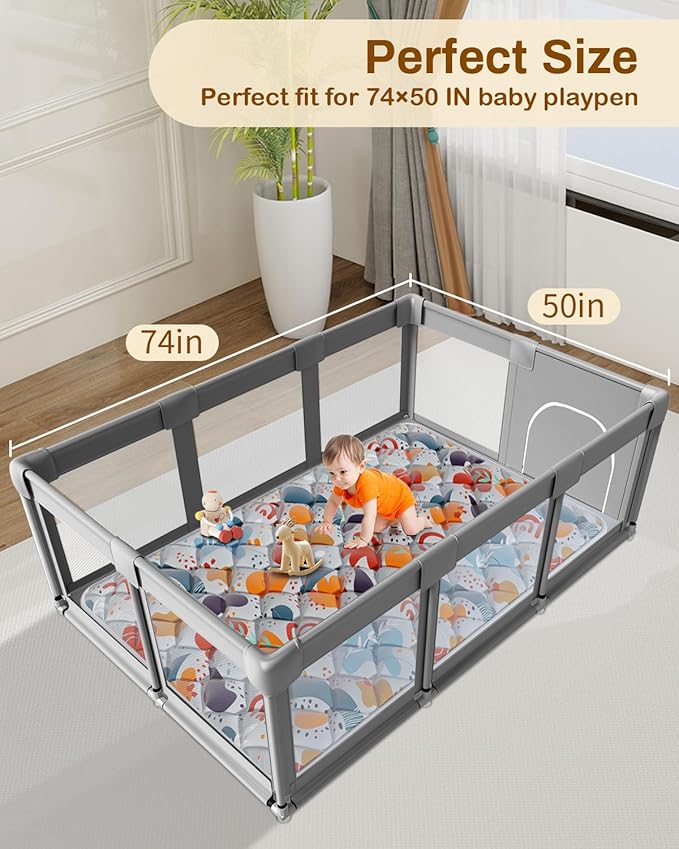 Baby Play Mats for Floor, Foldable 74x50 Playpen Mat Grey, Thicken Cushioning Padding Playmate for Baby and Toddlers Infants, Non-Slip, Machine Washable, Easy to Store
