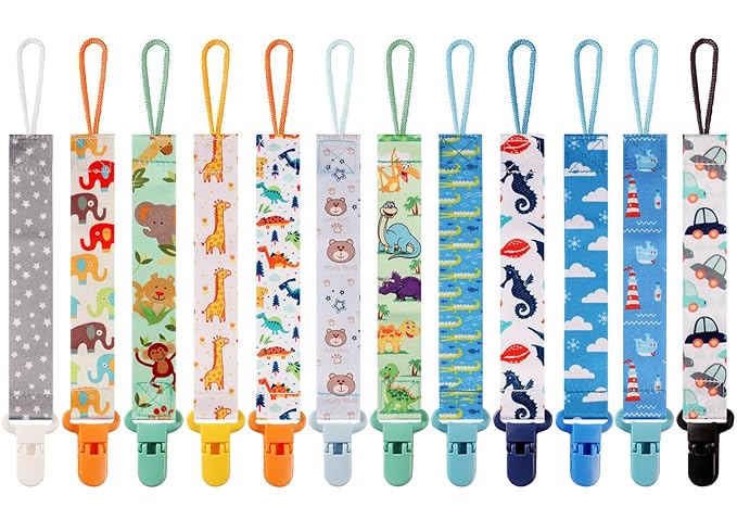 12 Pack Pacifier Clips with Strap 25.5cm - Premium Polyester Baby Pacifier Holder Set, Multi-Design Clips for Boys Girls （Multi Color C）