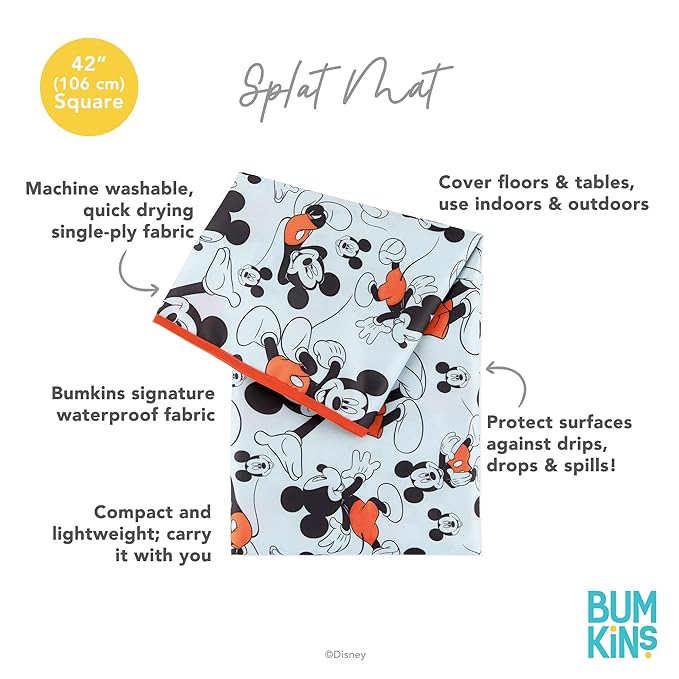 Bumkins Disney Baby Splat Mat for Under High Chair, Babies Toddlers Eating Mess Mat, Waterproof Reusable Cloth for Arts and Crafts, Play Mat for Kids, Floor or Table, Fabric 42inx42in, Mickey Mouse