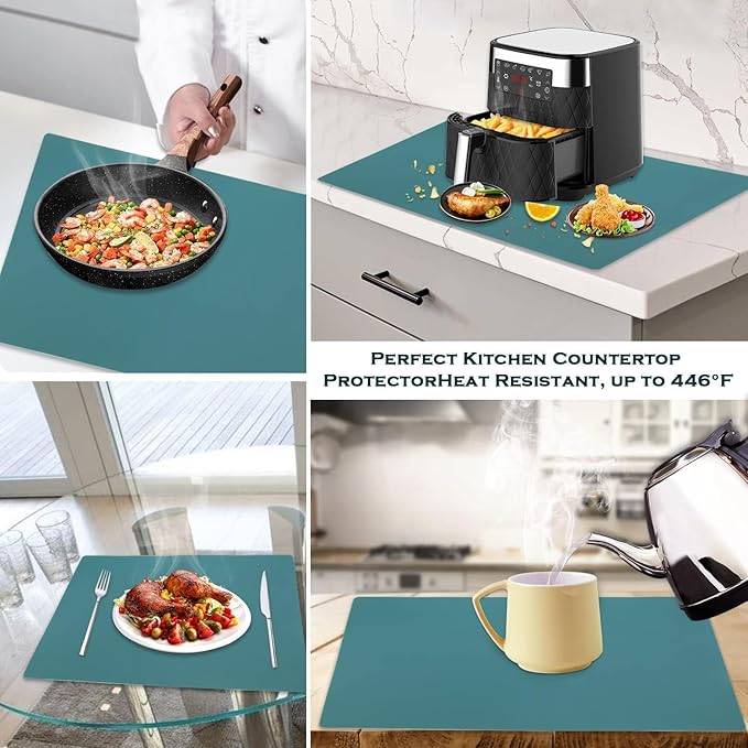 QPIX DIGITAL Extra Large Silicone Countertop Mat,Silicone Table Mat Kitchen Counter Protector Nonslip Heat Resistant Silicone Desk Mat Crafts Kids Dinner Placemat Pastry Dough Rolling Mat,Dark Green
