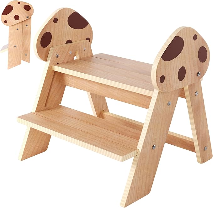 Novarieth Beech Wooden Toddler Step Stool, 2-Step Foldable Stool for Kids with Non-Slip Surface, Baby Bathroom Stool for Potty Training, Bathroom Sink, Kitchen Counter with Cute Mushroom Design