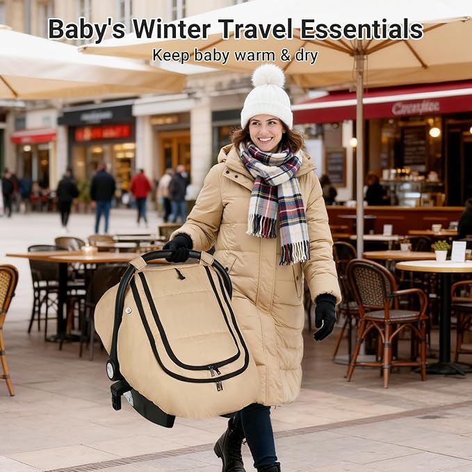 Rquite Car Seat Cover Baby, Winter Carseat Covers Boy Girl, Waterproof Infant Car Seat Cover Warm Car Seat Canopy for Cold Weather, Windproof Baby Carrier/Stroller Cover with 2 Layers Windows, Khak