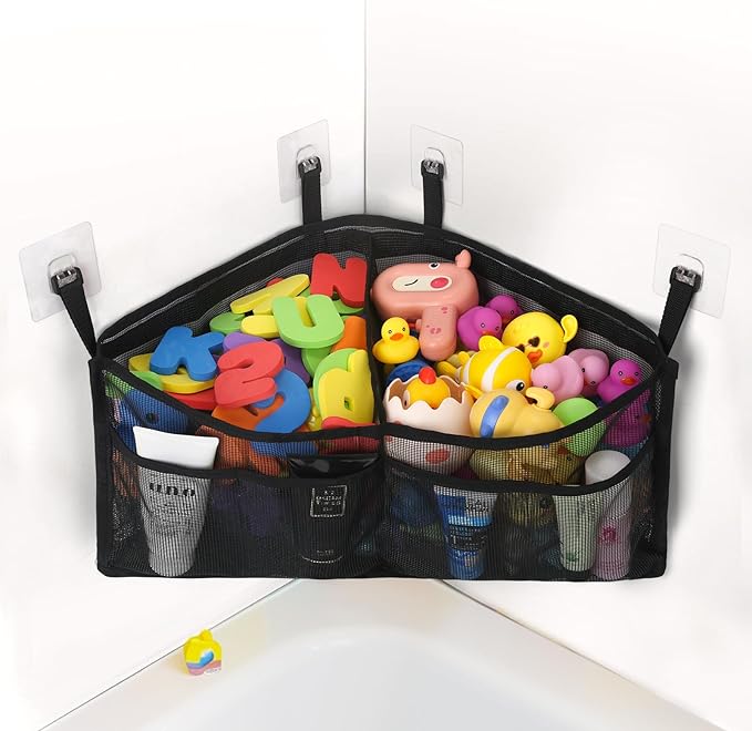Goowin Bath Toy Organizer, Triangle Corner Bath Toy Storage, Quick Access Bath Toy Holder for Bathtub, Large Capacity Bath Storage for Toys, Quick Dry Mesh Toy Holder for Bath Hanging (Black)