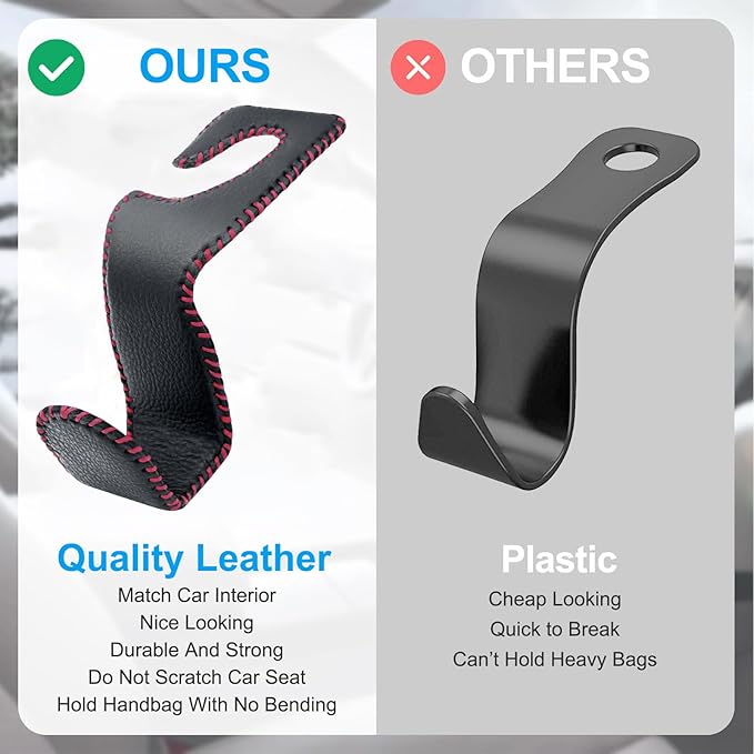 Car Seat Hooks for Purses and Bags, 2 Pack Car Purse Holder for Grocery Bag Handbag Clothes, Metal Headrest Hooks Covered by Leather, Black Red