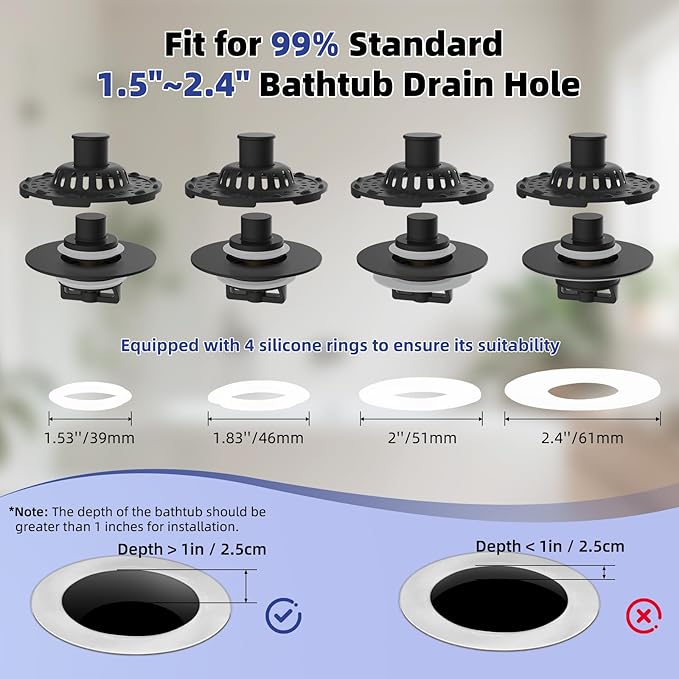 Universal Bathtub Drain Stopper Shower Drain Hair Catcher, Tub Stopper with Visible Top Strainer, Upgraded 3 in 1 Pop-up Drain Plug Fit for 1.5 to 2.4" Hole, Stainless Steel Filter Basket, Matte Black