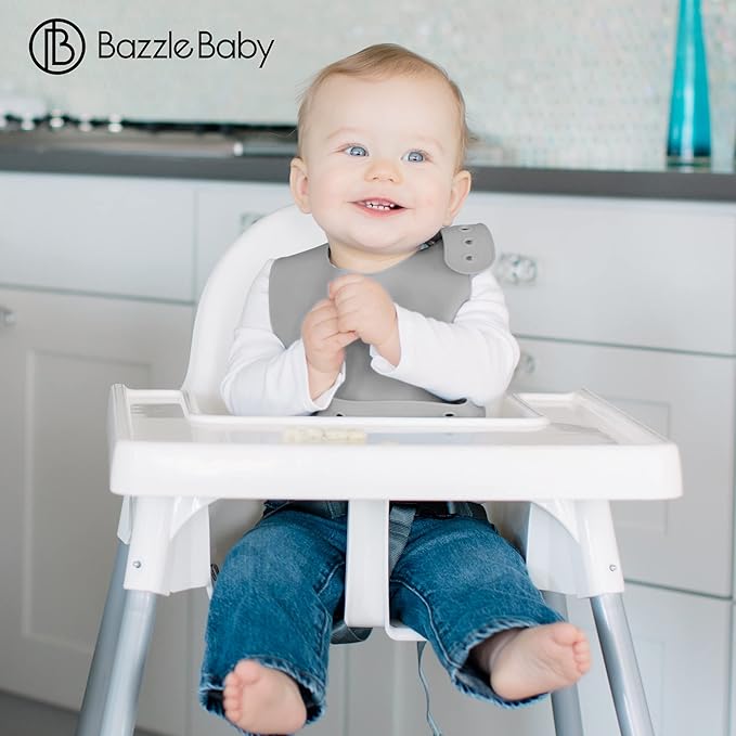 Bazzle Baby Silicone Bibs with Food Catcher - Rolls Up and Button closed for easy travel and storage Waterproof 2-Pk