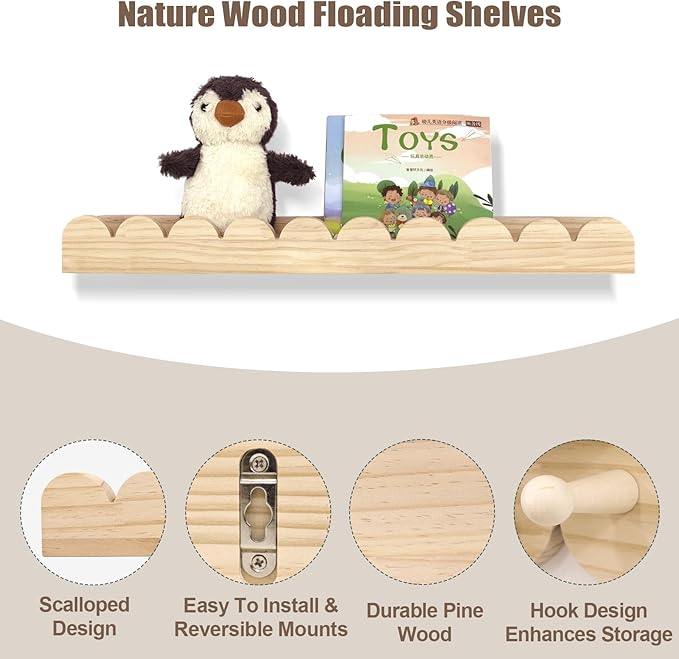 Floating Nursery Book Shelves with Hooks-20Inches Scalloped Shelves for Bedroom Kids Set of 3, Nursery Bookshelf for Kids Room Decor, Natural, Large