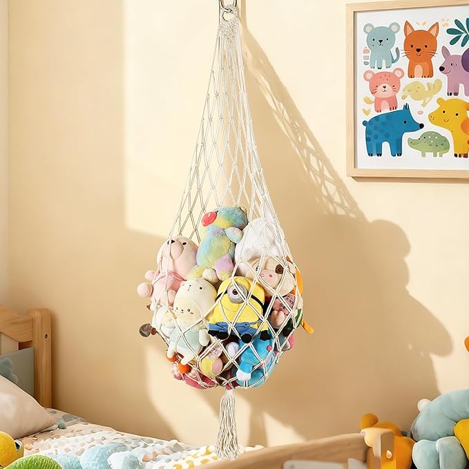 Stuffed Animal Storage, 5Ft Corner Hanging Stuffy Toy Hammock, Large Stuffed Animal Holder Organizer with Hooks, Macrame Plushie Net for Nursery Kids Playroom Bedroom Decoration (Cream)