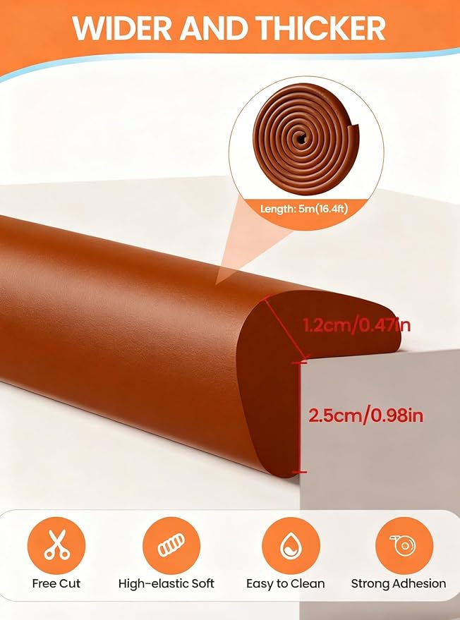 QYV Baby Proof Edge Corner Protector, 16.4FT 0.47''Th L-Shape Furniture Corner & Edge Safety Bumpers with 10 Corners, Pre-Taped, Soft NBR Rubber Foam Desk Edge Cushion Wall Corner Protector (Brown)