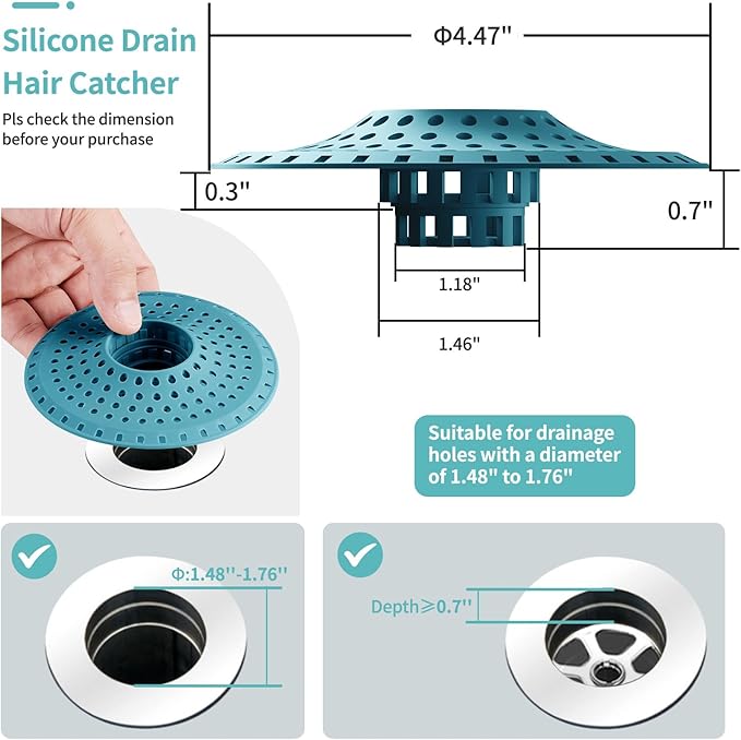 Aluvor Shower Hair Drain Catcher, Silicone Bathtub Drain Hair Catcher Strainer, All-in-one Tub Hair Catcher Drain Protector for 1.48'' to 1.76'' Regular Drains, 3PCS/Light Blue