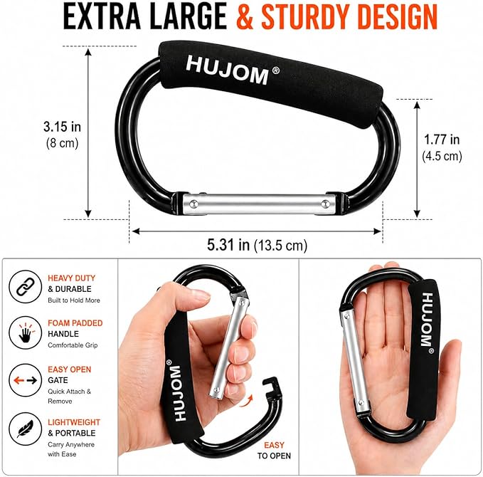 Stroller Hooks 2 Pcs Large Carabiner Clips for Hanging Diaper Bags, Purse Grocery, and Shopping Bags. Heavy Duty Universal Climbing Clips Best Mommy Accessories for Outdoor, Camping and Hiking.