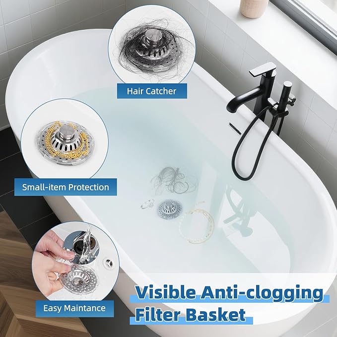 Universal Bathtub Drain Stopper Shower Drain Hair Catcher with Visible Top Strainer, Upgraded 3 in 1 Pop-up Tub Stopper Drain Plug Fit for 1.5 to 2.4" Hole, Stainless Steel Filter Basket