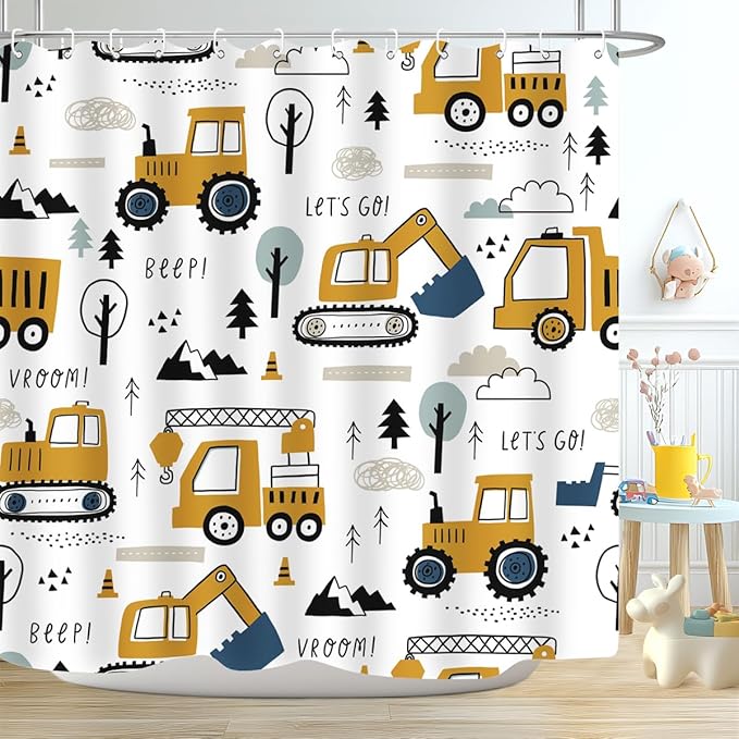 Construction Truck Shower Curtain Cartoon Excavator Vehicle Tractor Cars for Boys Kids Machinery Navy Blue Yellow Bathroom Decor Waterproof Fabric 72Lx72W Inch with Hooks