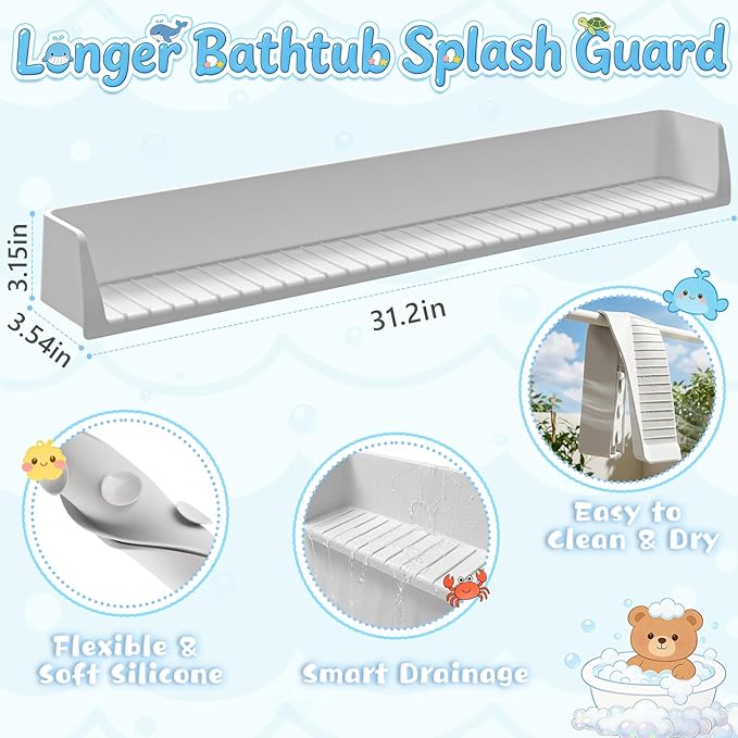 Splash Guard for Bathtub, Silicone Bathtub Splash Guard with Suction Cups, Bath Toys Holder Shelf, Bath Tub Side Tray for Bathroom Storage and Water Spill Prevention, Grey