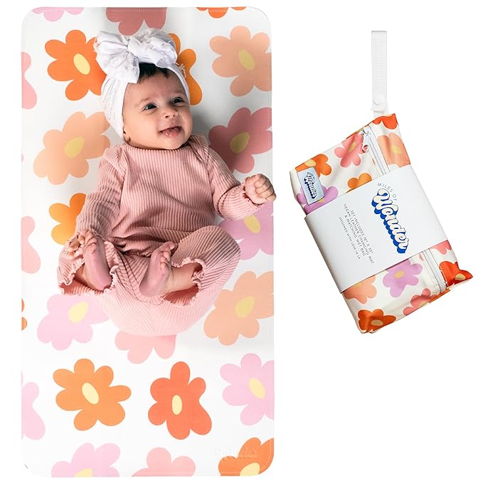 Portable Changing Mat with Reusable Waterproof Wet Bag, (16 x 30 Inches) Baby Changing Mat, Non-Toxic Changing Pad Portable Folds and Wipes Clean, Baby Changing Pad Travel (Floral)