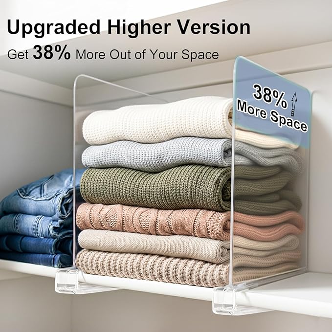 SortNStore Shelf Dividers Purse Organizer for Closet: 11-inch Tall(Extra Tall) Acrylic Sweater Organizer - Upgraded Extra Height for Large Handbags, Totes, Clothes, Towels on Wood Shelves 6-Pack