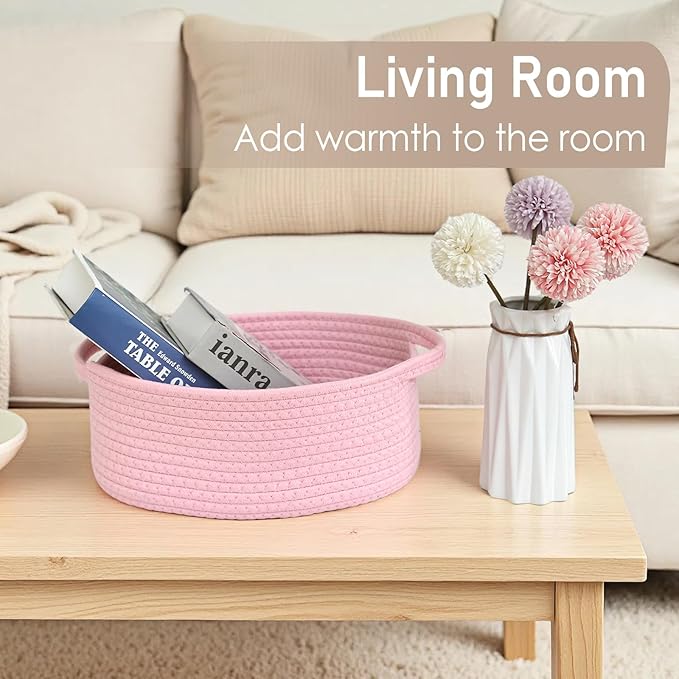 JMvicyroam Woven Basket,Small Rope Storage Bin with Handles & Ribbon Bag, Organizer for Shelves Closets,Gift Basket Empty for Birthday,Books,Dog Toys, Pink/3 Pack