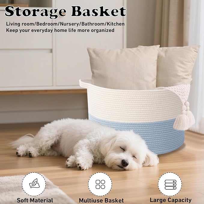 Large Storage Basket with Handle,19.7" L x 19.7" W x 13" H Blanket Basket Storage Bins for Organizing,65L Cotton Rope Woven Baskets for Living Room, Nursery,Bedroom,White&Blue
