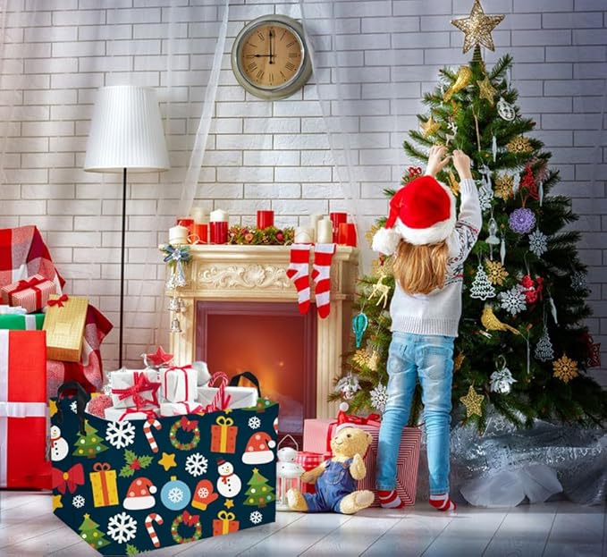 Essme Rectangular Christmas Basket,Cute Baskets Empty with Handles, Snowmen Basket Gifts for Kids Room Decor,Boys and Girls,Candy Bins.(Christmas).