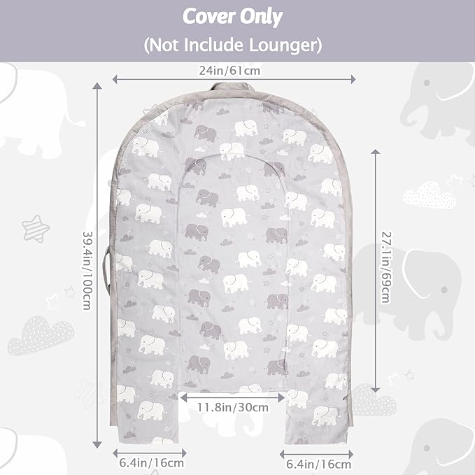 Baby Lounger Replacement Cover, Newborn Lounger cover for 0-12 Months, Breathable & Portable Infant Lounger Case, Soft Baby Floor Seat Cover for Travel, Machine Washable (Cover Only), Grey elephants
