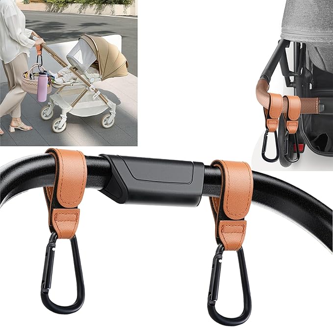 4 Pcs Leather Stroller Hook, Mommy Stroller Clip, Stroller Accessories Organizer Hook, Metal Hook for Strollers/Walkers/Mobility Scooter/Wheelchair/Rollator(Blue)