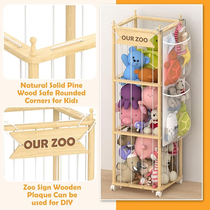 SANXUO Wooden Stuffed Animal Storage Organizer,Hanging & Rolling Toy Storage,Space-Saving Plush Zoo Cage Holder for Kids’Bedroom, Nursery, Playroom,White Elephant Gifts for Boys & Girls