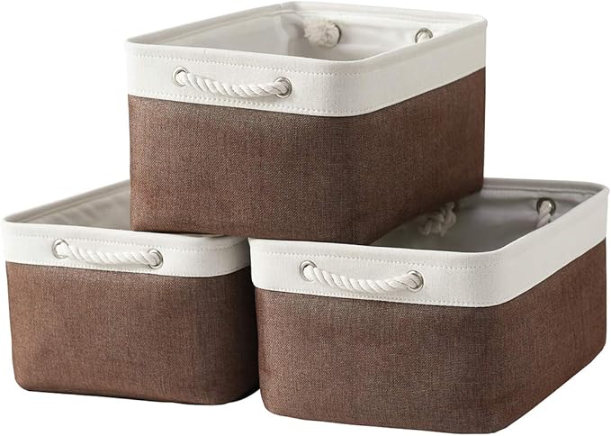 Sacyic Large Storage Baskets for Shelves, Fabric Baskets for Organizing, Collapsible Storage Bins for Closet, Nursery, Clothes, Home & Office [3-Pack, White&Brown]