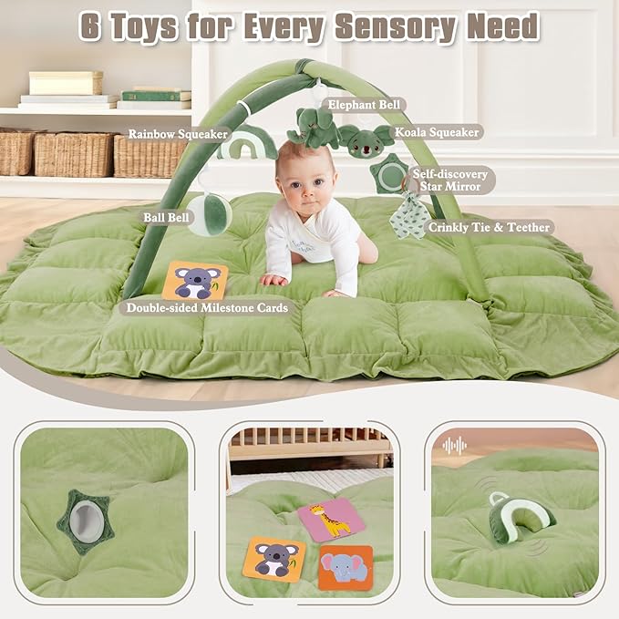 5-in-1 Plush Baby Play Gym, Baby Play Mats, Convertible Baby Gym, Tummy time mat, 6 Sensory Toys, Activity Center, Ball Pit, Green