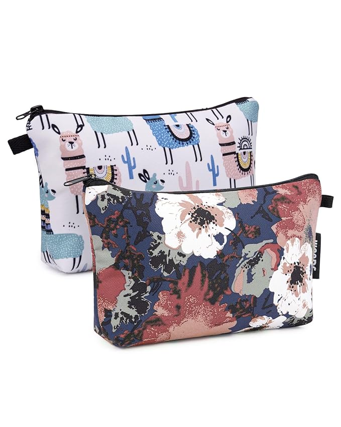 WANDF Cosmetic Bag for Women Makeup bag Organizer Mini Makeup Pouch for Purse Water Resistant Girls Gift(2pcs Alpacas+Flower)