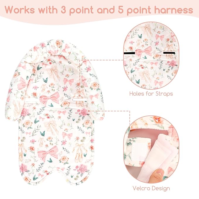 GFU Baby Car Seat Head Support for Newborn, 2 in 1 Infant Car Seat Head Body Support with Strap Pads, Soft Stroller Cushion Pillow Insert for Girls, Fits for Stroller, Swing, Pink Floral