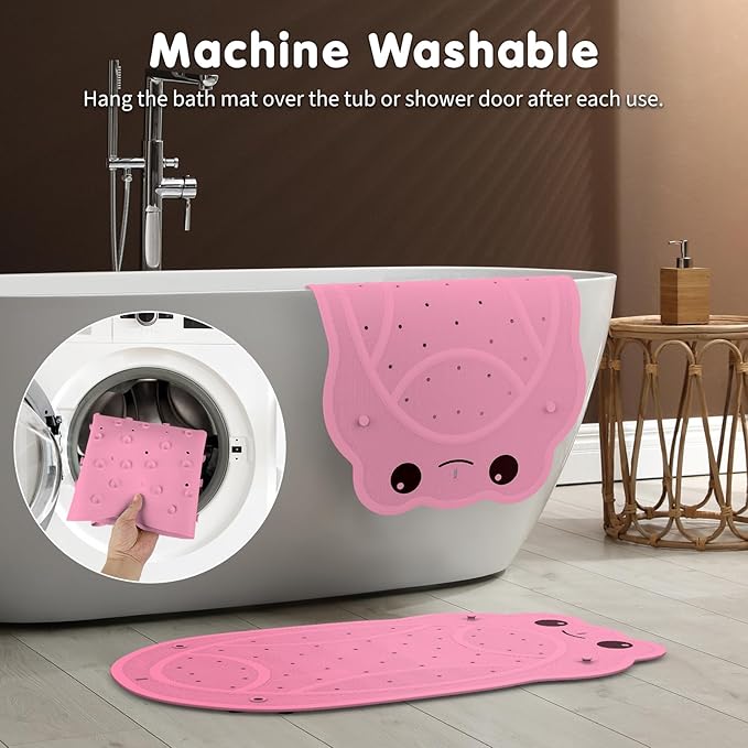 Bathtub Mat Non Slip, Shower Mat for Kids with Natural Rubber no Plastic Smells, Baby Bath Mat for Tub Non Slip with Strong Suction Cups, 30"x18", PVC-Free, Safe Comfortable Fun for Kids, Pink