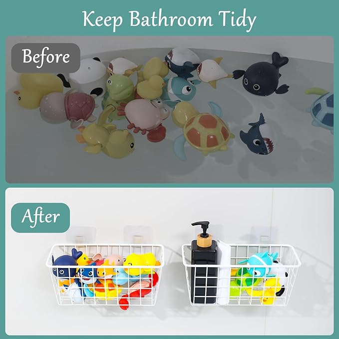 Metal Bath Toy Holder, Hanging Bathtub Toy Storage, Wall Mounted Bath Tub Baby Toys Organizer, Iron Shower Caddy For Bathroom, White, 2 Pack