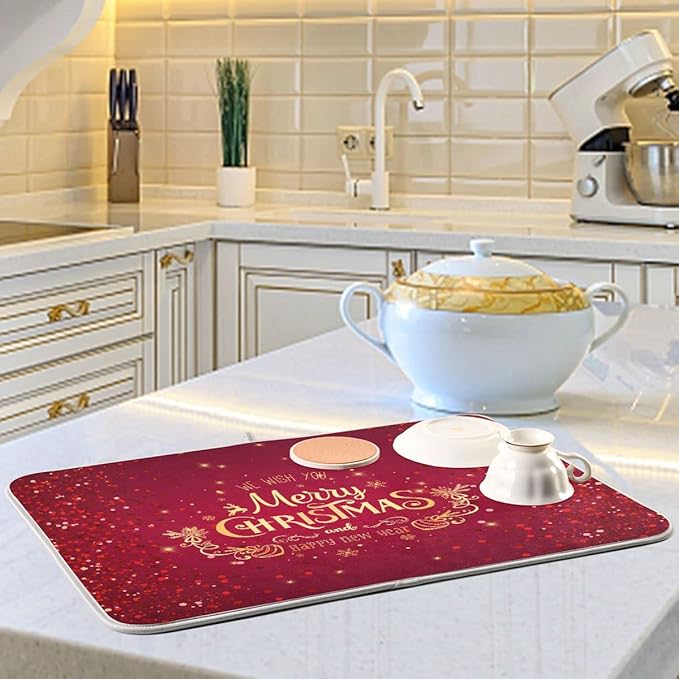 Merry Christmas Drying Mat for Kitchen Counter 16x18 Inch Christmas Dish Mat with Absorbent Reversible Microfiber Christmas Dish Drying Mat Dish Drainer Rack Pad Drainer Mat for Coffee Bar