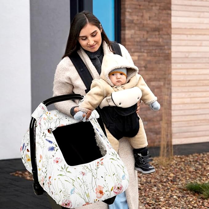 Car Seat Cover Baby, Anti-Kick Carseat Covers Baby Girl, Warm Minky Infant Car Seat Canopy with Mesh Window, Multi-Use Cover Protecting Baby from Wind, Sun, Strangers, White Flowers