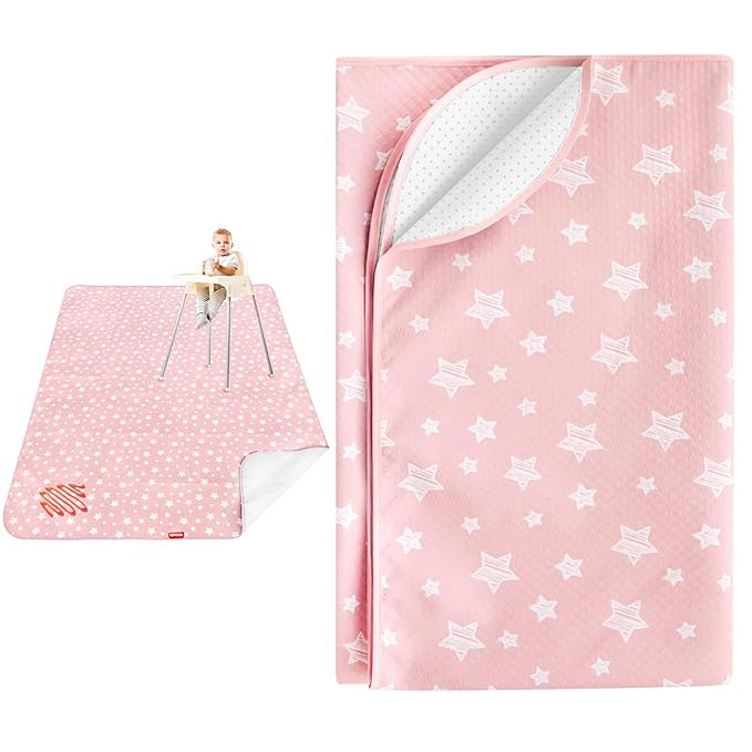 Extra Large Baby Splat Mat 54''x 72'', Anti Slip Waterproof High Chair Mat Baby Feeding Table Cloth Floor Mat Cover, Baby Art Playtime Mat for Craft/Mealtime, Washable Portable Picnic Mat - Pink Star