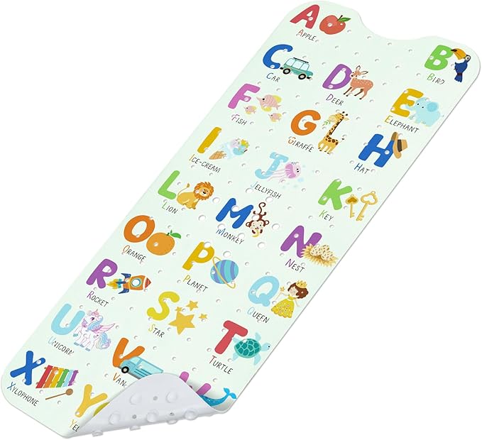 Omedecal Baby Bath Mat for Tub, Non Slip Kids Bath Shower Mat, 40 X 16 Inch Large Bathtub Mat with Drain Holes and Suction Cups for Toddlers, Machine Washable and Waterproof (Alphabet)