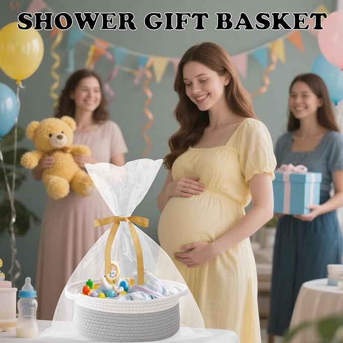 3 Pack Small Woven Rope Basket-Empty Gifts Basket with Bag and Ribbons,Cute Handle Organizer Box for Birthday/Baby Shower, Toy Storage, Nursery Organizing & Shelf Decor(White&Grey)