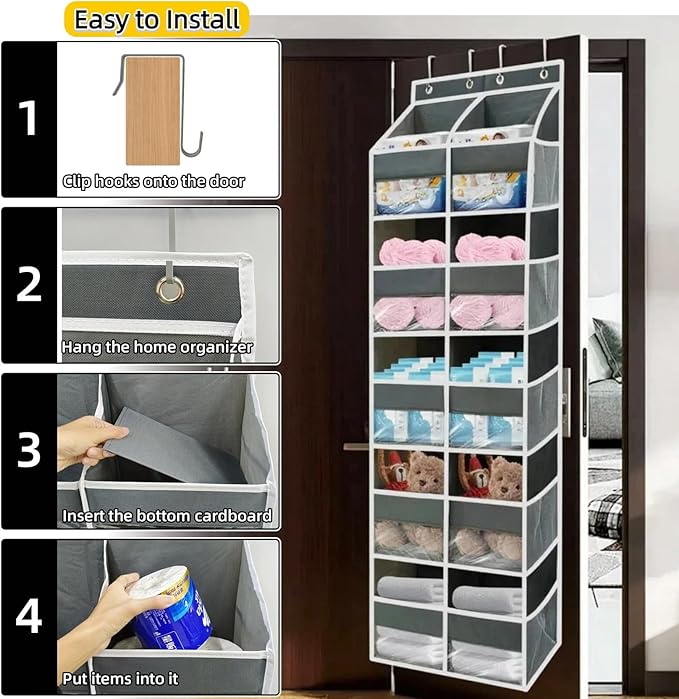 5 Tier Over the Door Organizer with 10 Clear Pockets & 10 Mesh Pockets - Extra Large Behind Door Storage for Closet, Nursery, Bedroom, Pantry | Diaper & Toy Organizer (Gray)