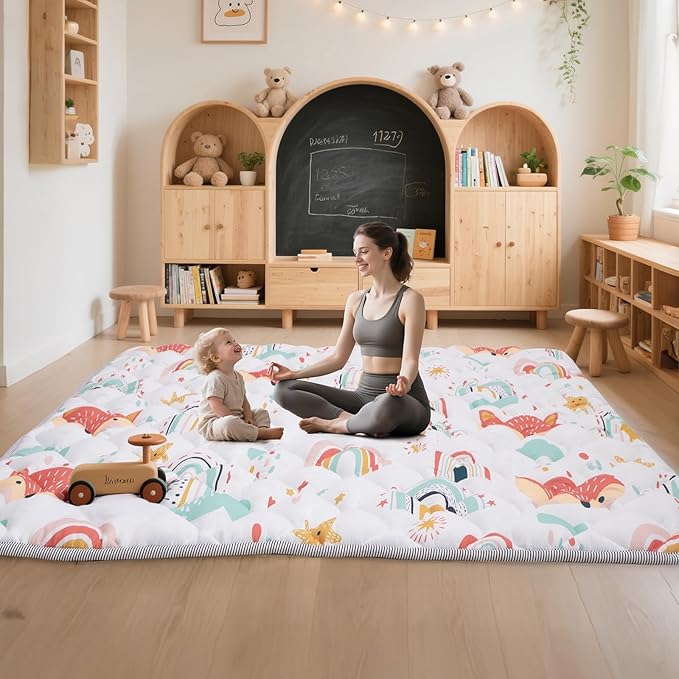 Duwenem Baby Play Mat for Floor,50x50 Inch Soft Padding Crawling Mat for Playpen, Foldable and Machine Washable, Thick for Babies & Toddlers,Rainbow Fox