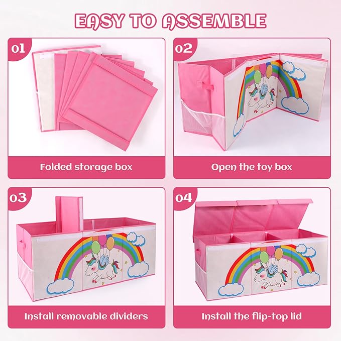 Dqoetort Extra Large Toy Box, Collapsible Storage Organizer with Lids, Sturdy Unicorn Toy Chest for Boys Girls, 40"x14"x16" Kids Storage Bin Box Baskets for Living Room, Playroom, Bedroom, Nursery