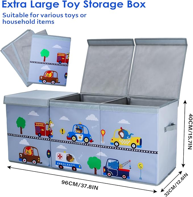 decalsweet Toy Box Chest for Kids, Collapsible Oxford Toy Storage Box with Handles for Boys, Extra Large Sturdy Waterproof Toy Organiser for Bedroom Playroom, 37.7×12.5×15.7 Inch (Animal Cars)