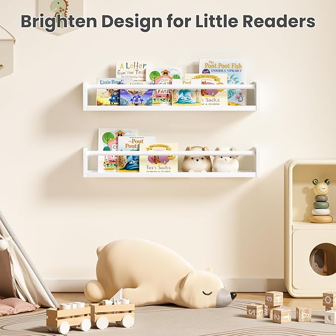 upsimples 2 Pack Nursery Book Shelves, 23.6 Inch Floating Bookshelves for Wall, Baby Nursery Decor, Small Solid Wood Wall Mounted Shelves for Baby Kids Boys Girls, White