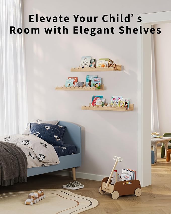G&W Gruwald Nursery Book Shelves, Set of 3, Nursery Decor for Baby and Toddler, Scalloped Shelves, Book Shelf for Kids Rooms, Wall Book Shelf for Bedroom Kids, Floating Shelf for Wall