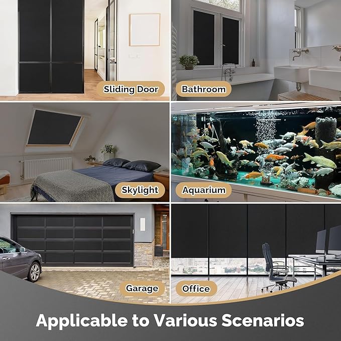DOWELL Blackout Window Film, 100% Light Sun Blocking Static Cling Frosted Privacy Film for Glass, Heat Control Removable Window Tint, Room Darkening Cover for Day Sleep, Black, 35.4" x 118"
