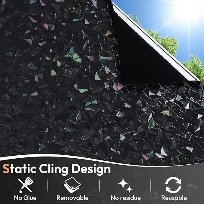 Haton Blackout Window Film, Black Out Window Cover, Stained Glass Sun Light Blocking Privacy Tint Shades for Home Room Darkening Dark Day Sleep Heat Control, Non-Adhesive, Black 17.5" x 78.7"