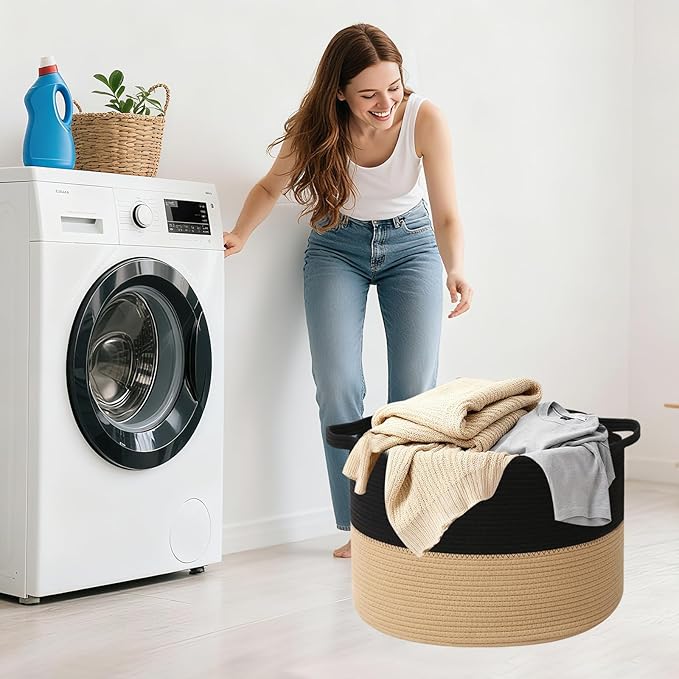 90L Large Blanket Basket,21.7"L x 21.7"W x 13.8"H Rope Woven Baskets with Handles, Toys Storage Bins,Laundry Basket Perfect for Living Room, Nursery,Bedroom,Home Organization,Black&Camel
