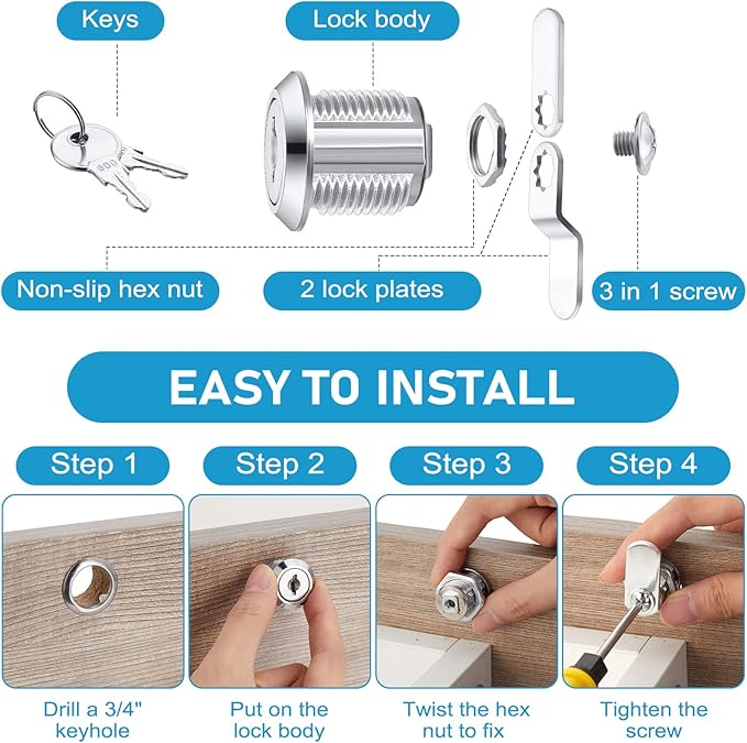 Kenning 24 Sets Cabinet Locks with Keys for Secure Drawer Mailbox RV Storage Box Replacement Lock, Zinc Alloy(5/8'' Cylinder Length, 0.4'' Max Panel Thickness)