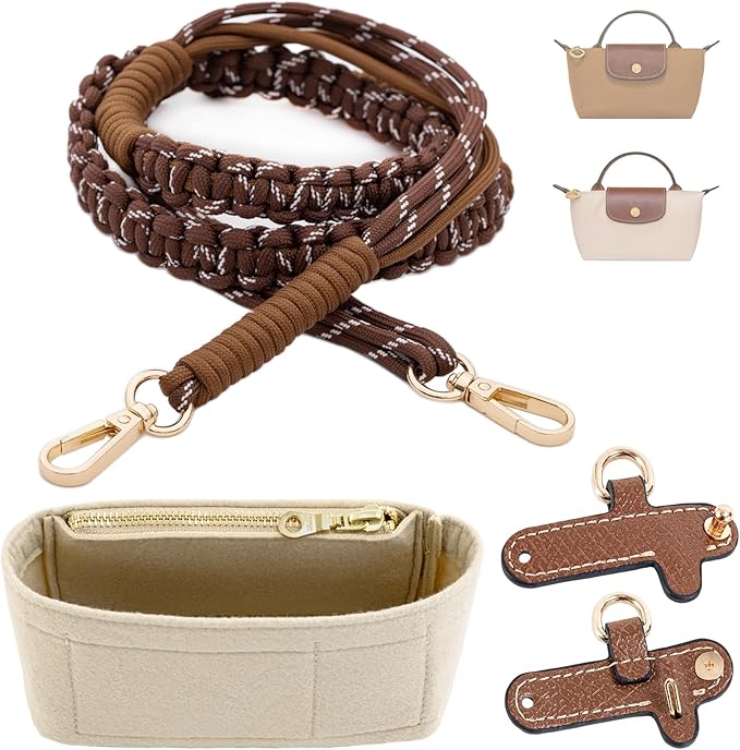 Handwoven Adjustable Shoulder Strap & Mini Bag Organizer Set for Longchamp Mini Bag, Includes Inner Liner & Strap, No-Punch Design – Brown & Beige